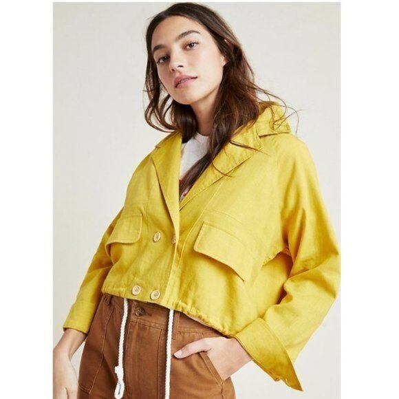 Cartonnier Mustard Yellow Cropped Jacket With Button Closure & Drawstring Hem Me - Picture 1 of 9